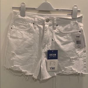 High rise white denim shorts